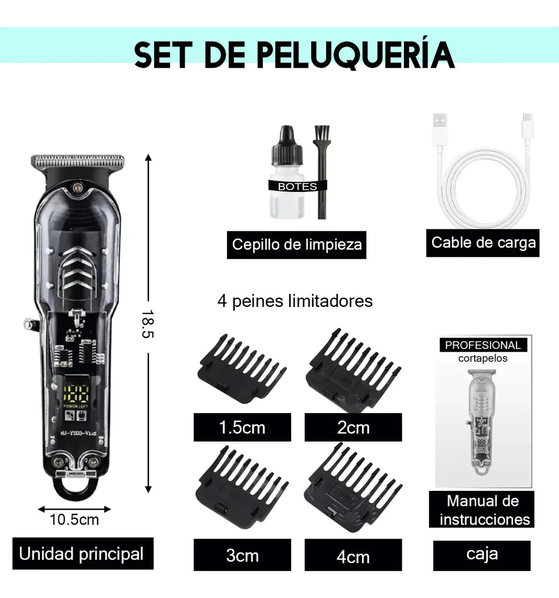 Máquina de peluquería profesional inalámbrica + Pantalla LED + Motor Alemán + Kit completo