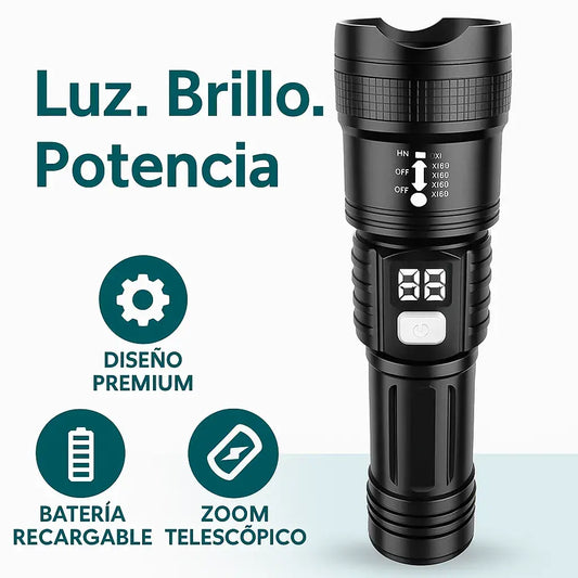 Linterna táctica LED recargable + zoom telescópico + pantalla digital y puerto USB